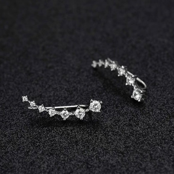 Silver Rhinestone Ear Climber Stud Earring Silver Sparkly Sexy - Picture 6 of 6